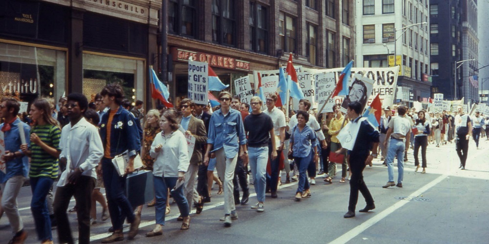 : Students in Chicago marching to protest the Vietnam War in 1968.