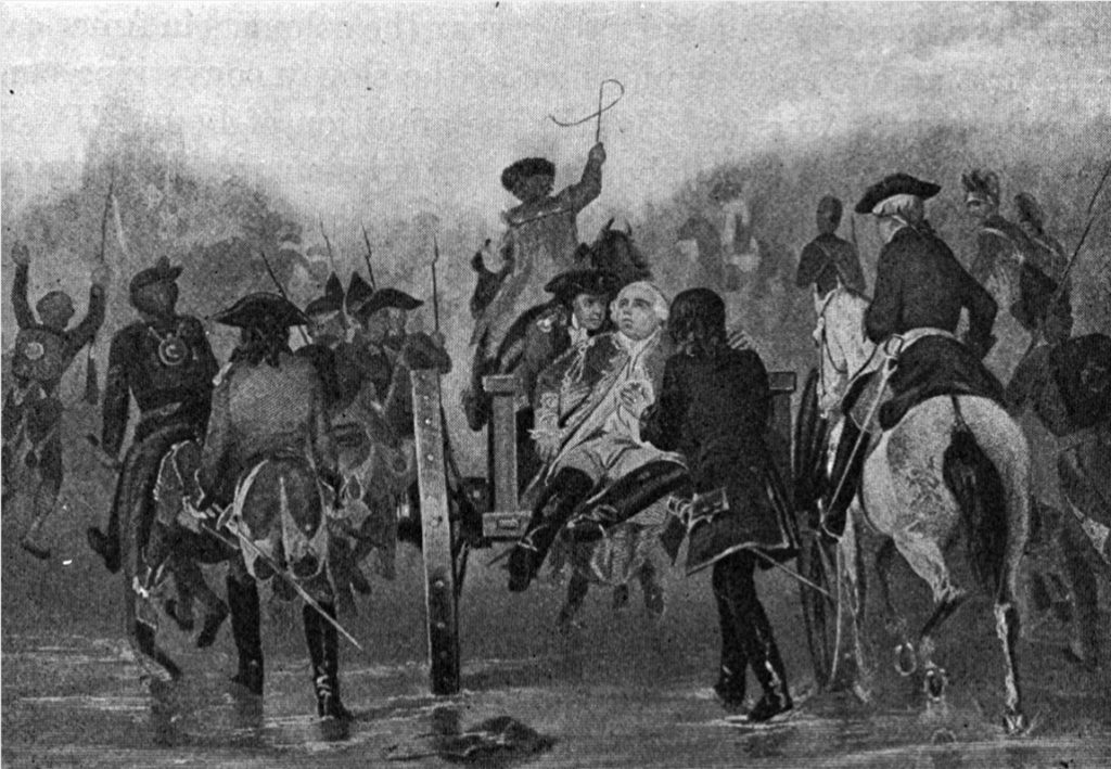 Black and white print showing a scene from the French and Indian War.