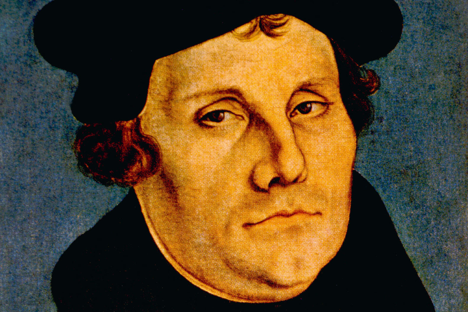 Painting of Martin Luther in black beret and robe.
