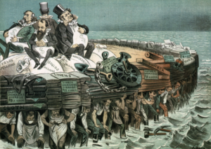 A political cartoon showing four fat businessmen being carried on the backs of many tired factory workers.
