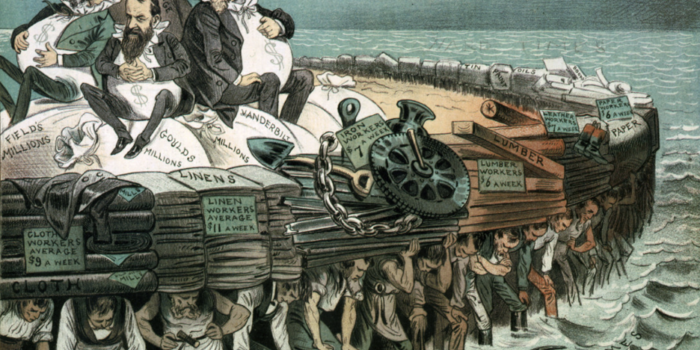A political cartoon showing four fat businessmen being carried on the backs of many tired factory workers.