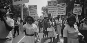 Protesters march peacefully advocating for their civil rights.