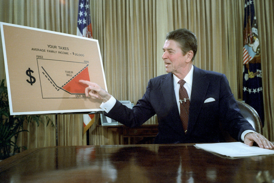 President Ronald Reagan Addresses the Nation from the Oval Office on Tax Reduction Legislation.