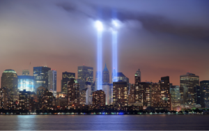 Beams of light shine from the site of the former World Trade Center towers in lower Manhattan, New York City, memorializing the victims of the terrorist attacks of September 11, 2001.