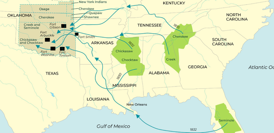 Map of the United States of America illustrating the trail of tears.