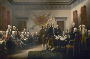 John Trumbull’s 1819 artistic rendering of the Declaration of Independence being presented to Congress.