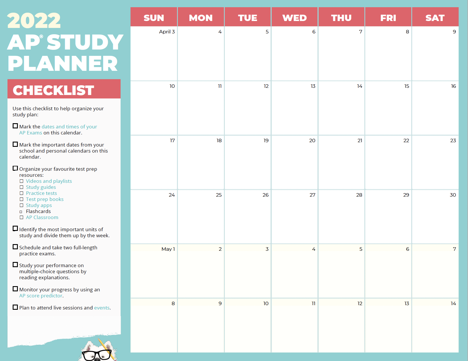 monthly calendar to help map out study plan for ap exams